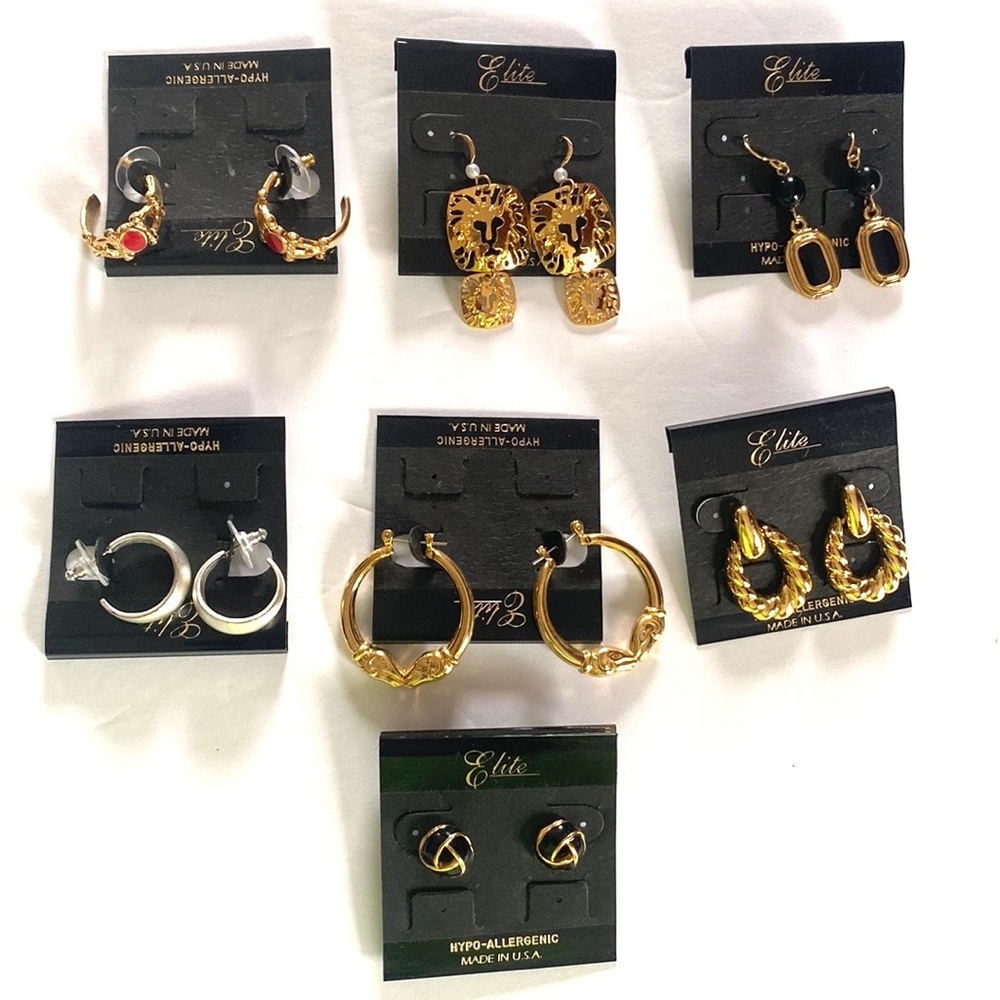Elite Fashion Earrings Lot of (7) Silver‎ & Gold earrings, All New on board